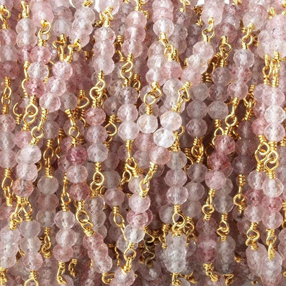 3mm Strawberry Quartz micro faceted round Trio Gold Chain by the foot 73 beads per