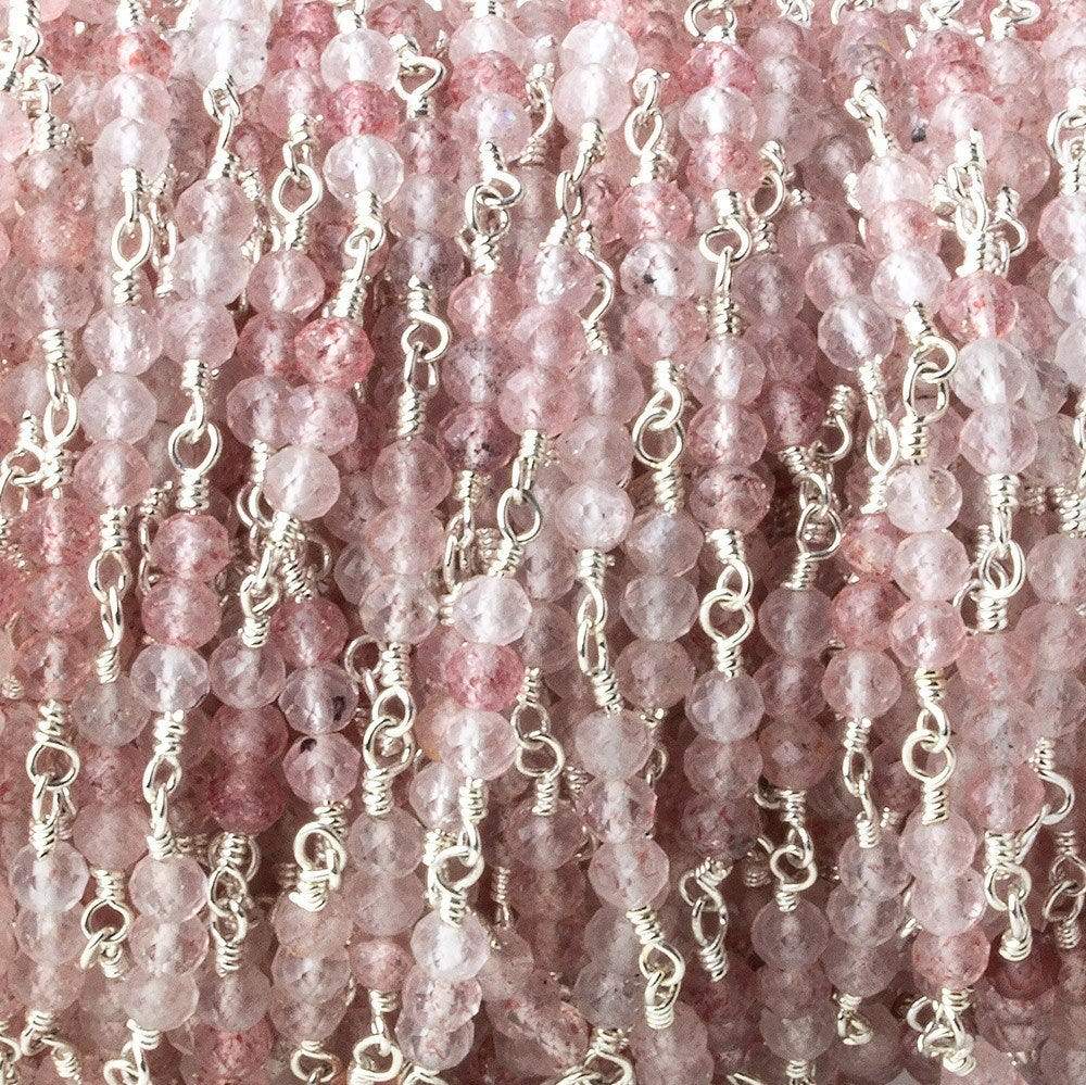 3mm Strawberry Quartz micro faceted round Trio Silver Chain by the foot 73 beads per
