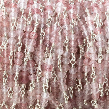 3mm Strawberry Quartz micro faceted round Trio Silver Chain by the foot 73 beads per