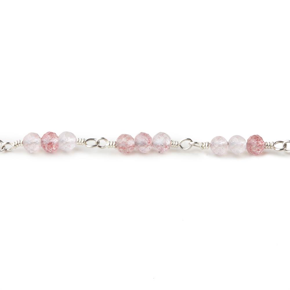 3mm Strawberry Quartz micro faceted round Trio Silver Chain by the foot 73 beads per