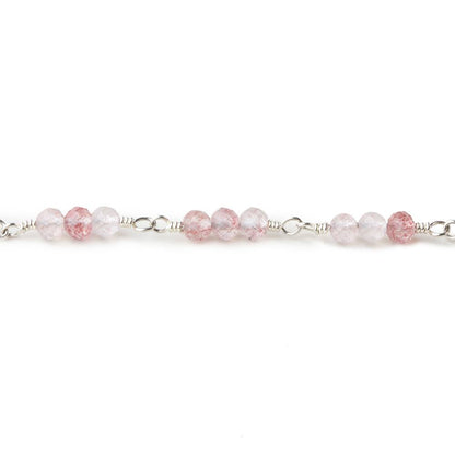 3mm Strawberry Quartz micro faceted round Trio Silver Chain by the foot 73 beads per