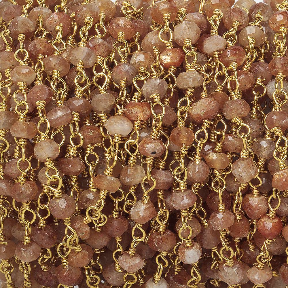 3mm Sunstone faceted rondelle Gold Chain by the foot 40 pieces