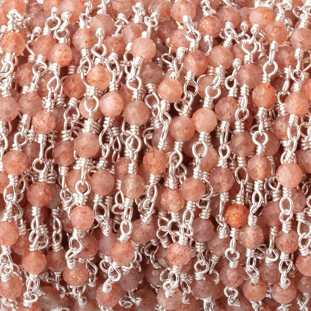 3mm Sunstone Micro Faceted Rounds on Silver Plated Chain