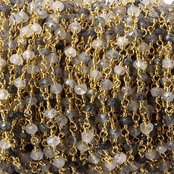 3mm Tourmalinated Quartz faceted rondelle Gold plated Chain by the foot 40 pcs