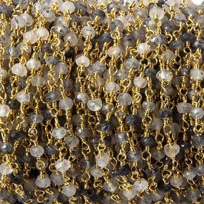 3mm Tourmalinated Quartz faceted rondelle Gold plated Chain by the foot 40 pcs