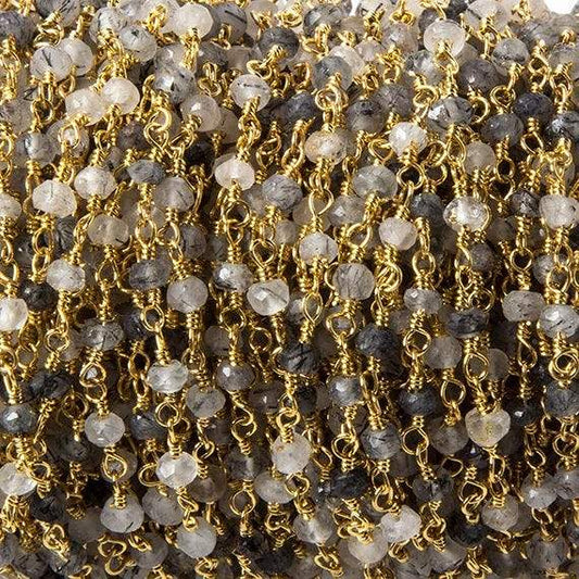 3mm Tourmalinated Quartz faceted rondelle Gold plated Chain by the foot 40 pcs