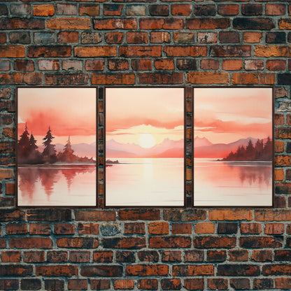 Beautiful Red Lake Sunset 3 Piece Framed Canvas Print Set, Above Sofa Art, Living Room Decor, Beautiful Wall Art, Watercolor Painting