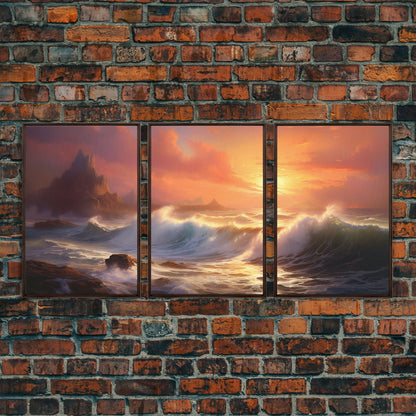 3 Piece Art Set, Seascape Painting Canvas Print, Beach House Decor, Sunset Painting, Original Painting, Boho Style Living Room Art