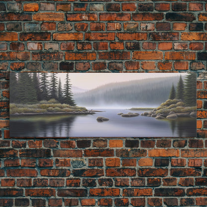 Colored Pencil Landscape Wall Art Print, Riverbank, River, Trees, Mountain, Nature Large Canvas Art Print, Panoramic, Wall Art, Canvas Print