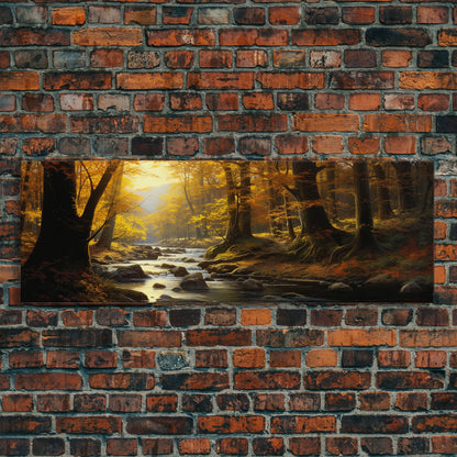 The Forest In The Autumn, Fall Centerpiece, Panoramic Painting Framed Canvas Print, Fall Decor, Orange Leaves Falling In The Forest