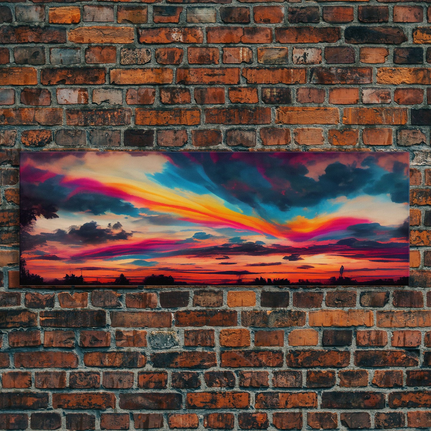 Beautiful Panoramic Watercolor Sunset, Extra Large Wall Art, Framed Panoramic Canvas Print, Framed Wall Art