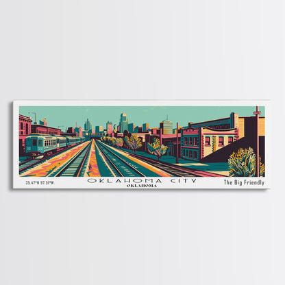 Oklahoma City Oklahoma Panoramic Wall Art Framed Canvas Print, Travel Poster, Mid Century Modern Art, Pop Art Style, Wall Decor, Office Art