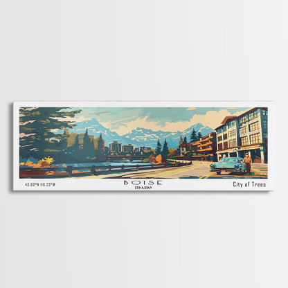 Boise Idaho Panoramic Painting, Mid Century Modern Framed Canvas Print, Retro Pop Art Travel Poster, Wall Art, Home Decor, Office Wall Art
