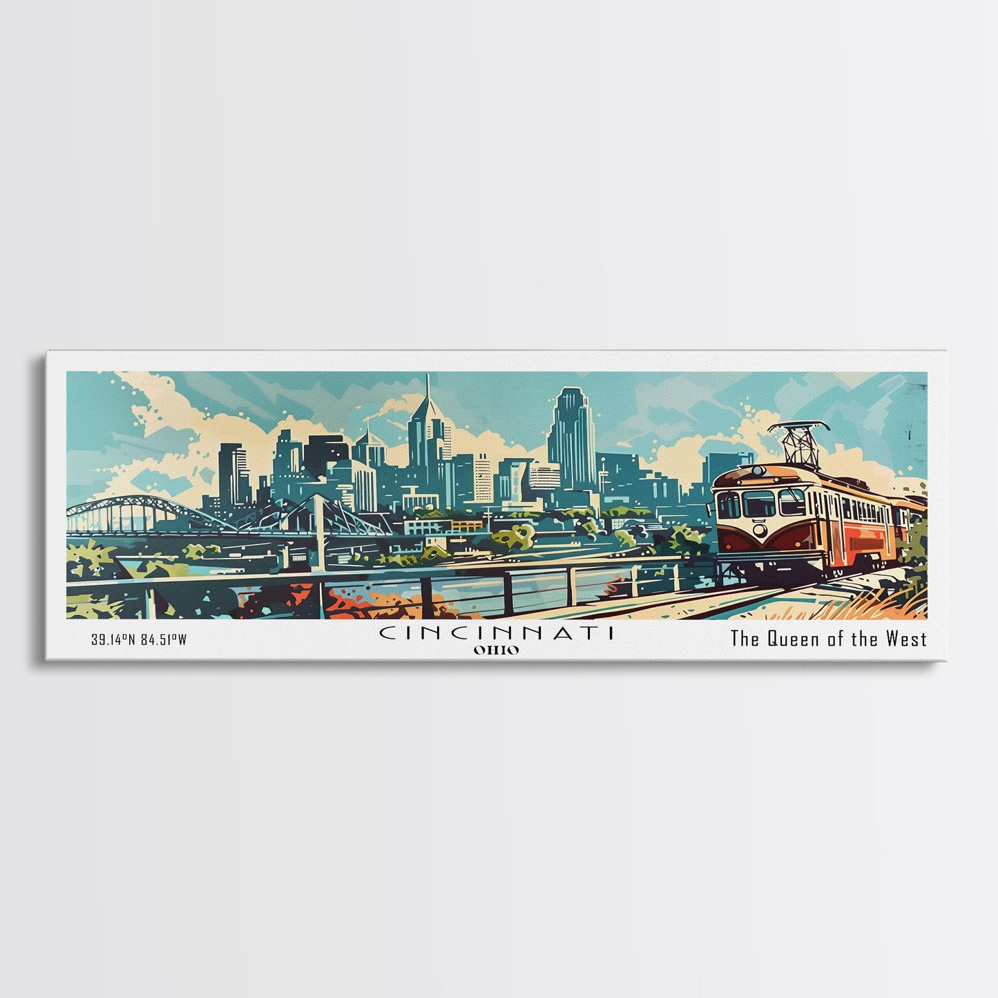 Cincinnati Ohio Panoramic Wall Art, Retro Pop Art Framed Canvas Print, Mid Century Modern Travel Poster, Living Room Decor, Wall Hanging, Office Art