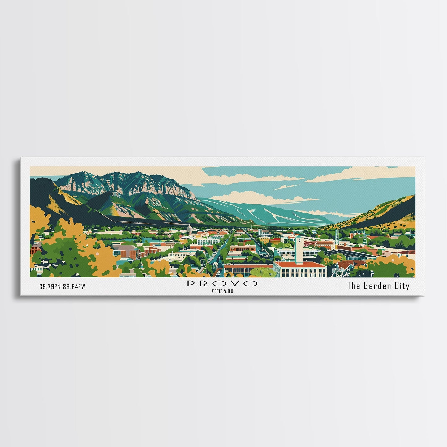 Panoramagemälde von Provo, Utah, gerahmter Leinwanddruck im Mid-Century-Modern-Stil, Retro-Pop-Art-Reiseposter, Stadtbild, Wanddekoration fürs Büro, Wohnzimmerbild