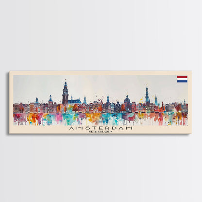 Amsterdam Netherlands Travel Art, City Art, Framed Canvas Print or Metal Wall Art, Europe Travel Poster, Panoramic Wall Art, Extra Wide Wall Art