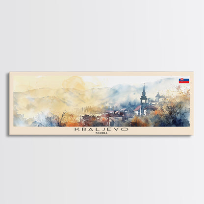 Kraljevo Serbia Panoramic Travel Poster, Framed Canvas Print or Metal Wall Art, Travel Art, Home Decor, Panoramic Painting, Midcentury Art