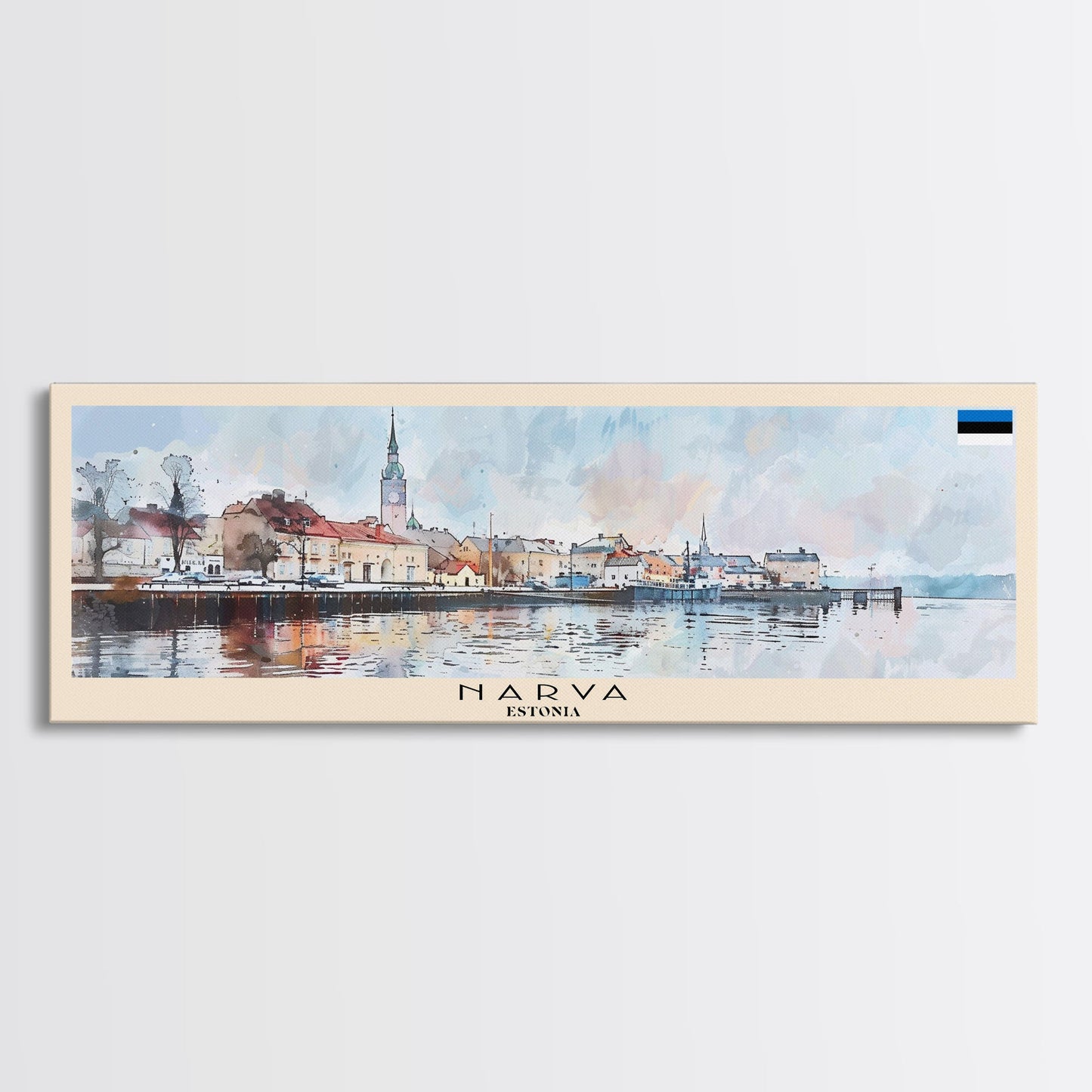 Narva, Estland – Panorama-Reiseposter, gerahmter Leinwanddruck oder Wandbild aus Metall, Reisekunst, Wohndekoration, Panoramagemälde, Kunst der Mitte des 20. Jahrhunderts