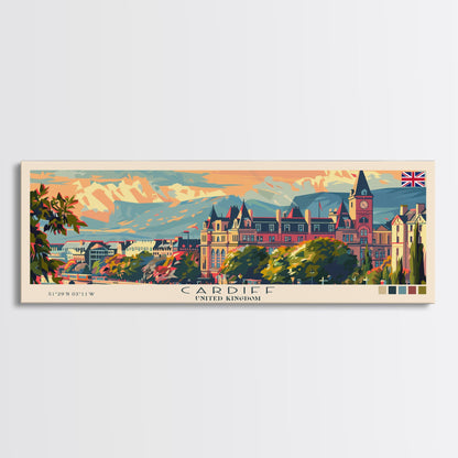 Cardiff United Kingdom Travel Art, City Art, Framed Canvas Print or Metal Wall Art, Europe Travel Poster, Panoramic Wall Art, Extra Wide Wall Art