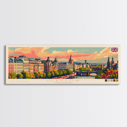 Glasgow, Vereinigtes Königreich – Reisekunst, Stadtkunst, gerahmter Leinwanddruck oder Wandbild aus Metall, Europa-Reiseposter, Panorama-Wandbild, extra breites Wandbild
