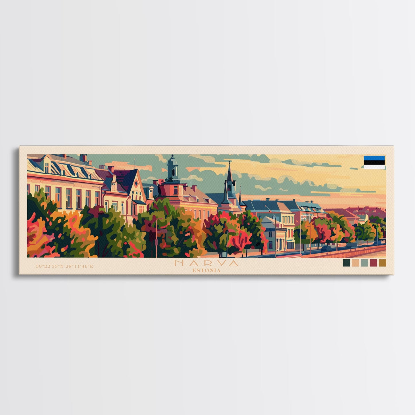 Narva, Estland – Panorama-Reiseposter, gerahmter Leinwanddruck oder Wandbild aus Metall, Reisekunst, Wohndekoration, Panoramagemälde, Kunst der Mitte des 20. Jahrhunderts