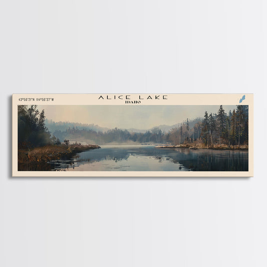 Alice Lake Idaho Panoramic Framed Canvas Print, Lake House Art, Boho Decor, Travel Poster, Watercolor Painting, Nature Wall Art, Serene Scene