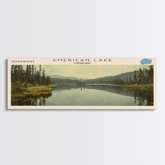 American Lake Colorado Panoramic Framed Canvas Print, Lake House Decor, Abstract Landscape, Travel Poster, Modern Wall Art, Scenic Painting