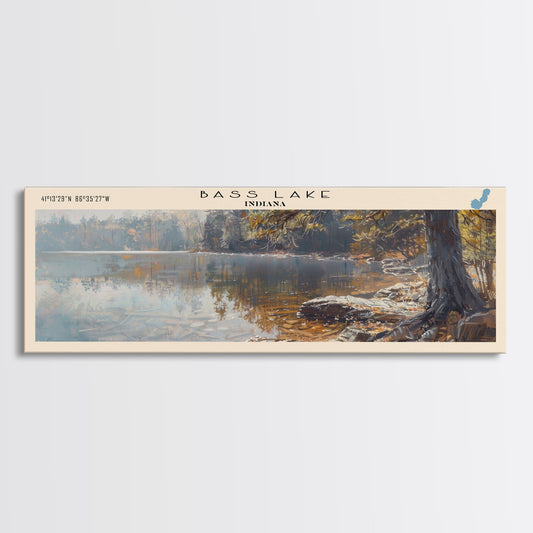 Bass Lake Indiana Framed Canvas Print, Lake House Decor, Panoramic Travel Poster, Scenic View, Vintage Style, Home Decoration
