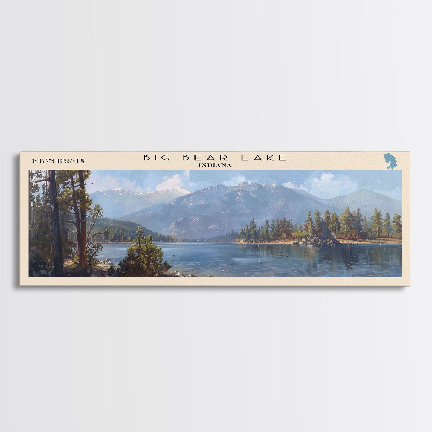 Panorama-Leinwanddruck „Big Bear Lake, Kalifornien“ mit Rahmen, Dekoration fürs Seehaus, malerischer Ausblick, Reiseposter, moderne Kunst, Natur-Wandbild