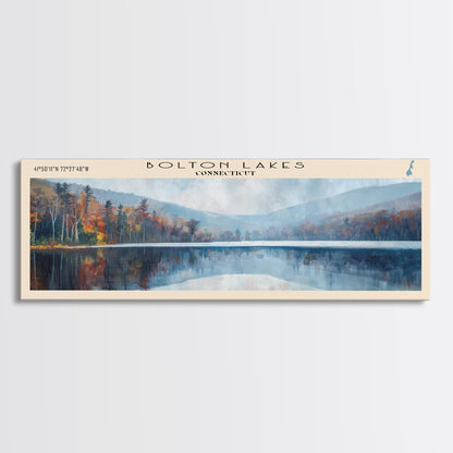 Gerahmter Leinwanddruck „Bolton Lakes, Connecticut“, Panoramabild eines Seehauses, malerische Ansicht, Reiseposter, moderne Kunst, Seegemälde