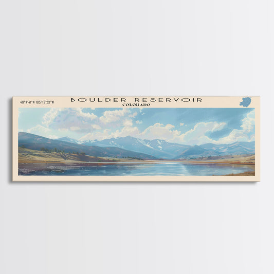 Boulder Reservoir Colorado Framed Canvas Print, Lake House Decor, Panoramic Wall Art, Travel Poster, Rustic Lake Painting, Nature Art