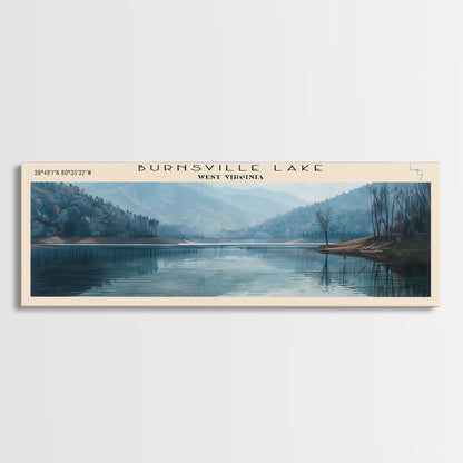 Burnsville Lake West Virginia Framed Canvas Print, Panoramic Lake House Decor, Wall Art, Travel Poster, Modern Lake Painting, Nature Art