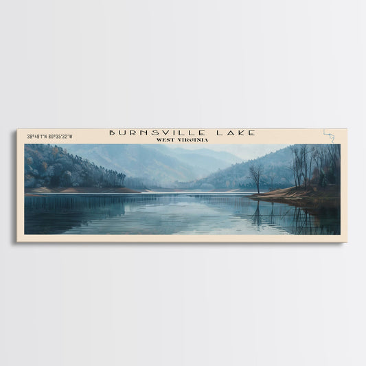 Burnsville Lake West Virginia Framed Canvas Print, Panoramic Lake House Decor, Wall Art, Travel Poster, Modern Lake Painting, Nature Art