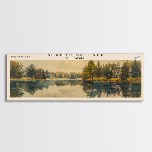 Burntside Lake Minneapolis Framed Canvas Print, Lake House Art, Panoramic Wall Art, Travel Poster, Vintage Lake Painting, Home Decor