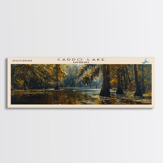 Caddo Lake Louisiana Framed Canvas Print, Lake House Decor, Panoramic Wall Art, Travel Poster, Rustic Lake Painting, Nature Art