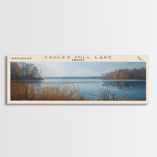 Cagles Mill Lake Indiana Framed Canvas Print, Lake House Art, Panoramic Travel Poster, Wall Art, Modern Lake Painting, Home Decor