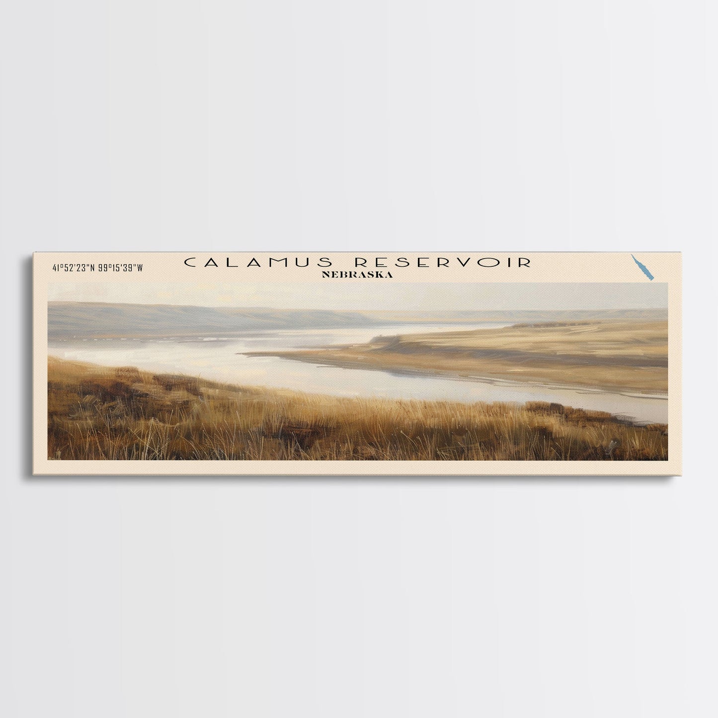 Calamus Reservoir Nebraska Framed Canvas Print, Panoramic Lake House Decor, Wall Art, Travel Poster, Rustic Lake Painting, Nature Art