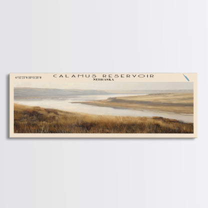 Calamus Reservoir Nebraska Framed Canvas Print, Panoramic Lake House Decor, Wall Art, Travel Poster, Rustic Lake Painting, Nature Art