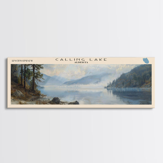 Calling Lake Framed Canvas Print, Panoramic Lake House Decor, Wall Art, Travel Poster, Rustic Lake Painting, Nature Art
