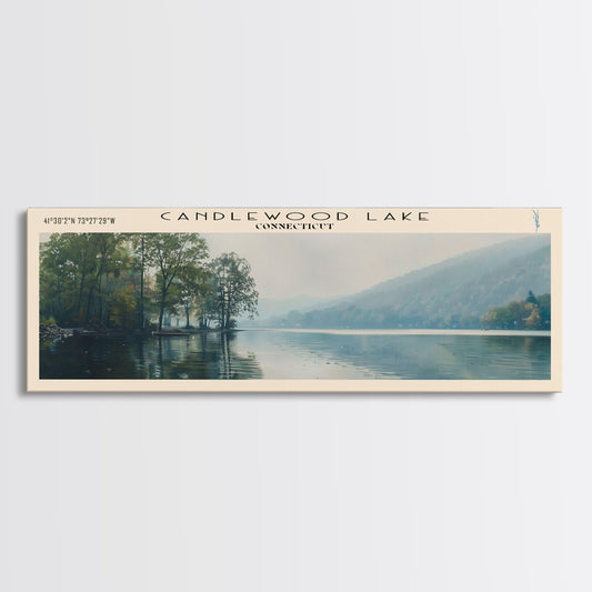 Candlewood Lake Connecticut Framed Canvas Print, Lake House Decor, Panoramic Wall Art, Travel Poster, Vintage Lake Painting, Home Decor
