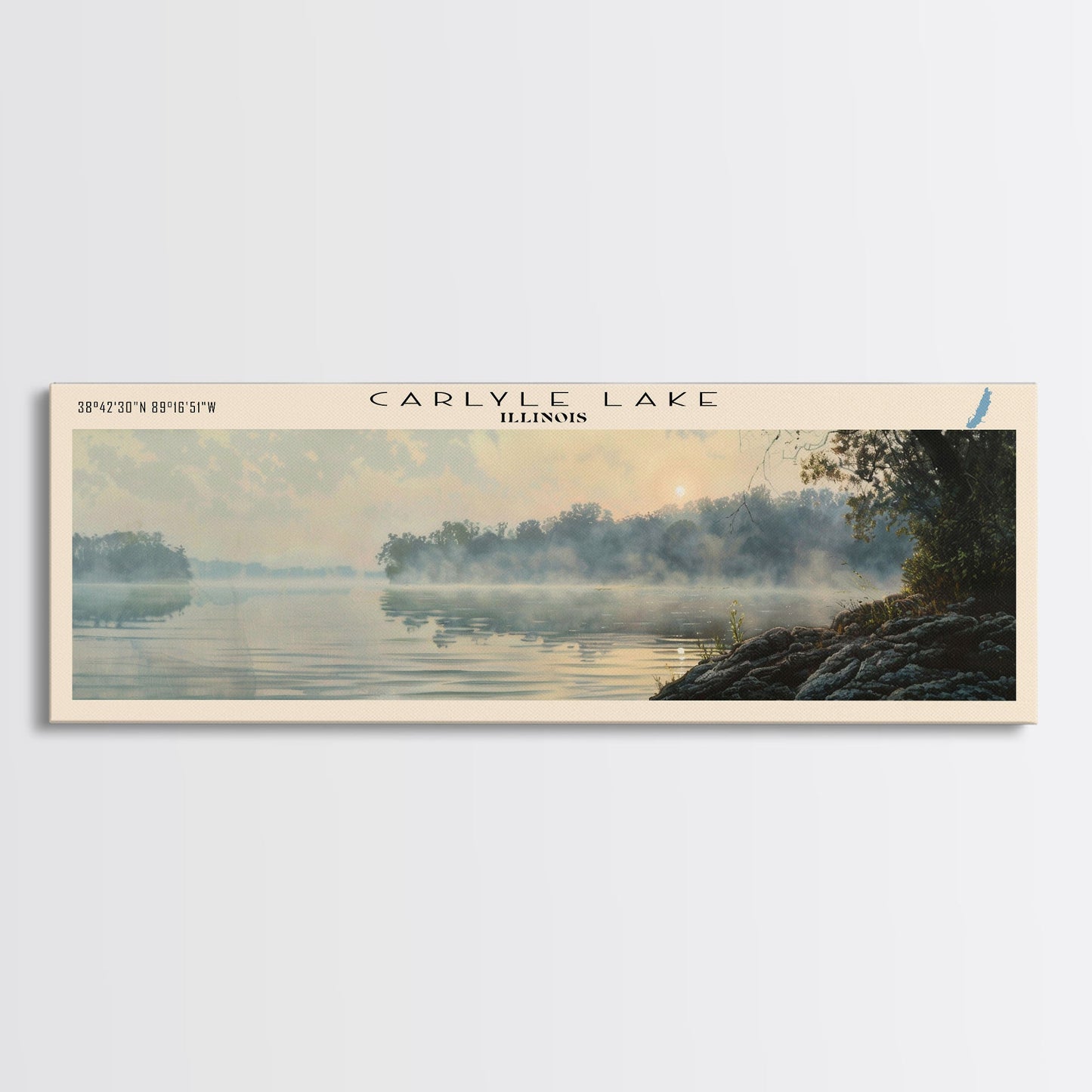 Carlyle Lake Illinois Framed Canvas Print, Lake House Decor, Panoramic Wall Art, Travel Poster, Rustic Lake Painting, Nature Art