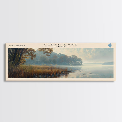 Cedar Lake Illinois Framed Canvas Print, Lake House Art, Panoramic Wide Art, Travel Poster, Minimalist Lake Painting, Home Decor