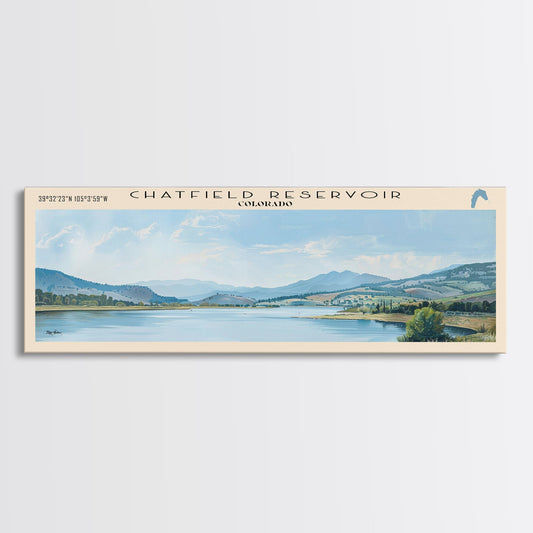 Chatfield Reservoir Colorado Framed Canvas Print, Lake House Decor, Panoramic Wide Art, Travel Poster, Vintage Lake Painting, Home Decor