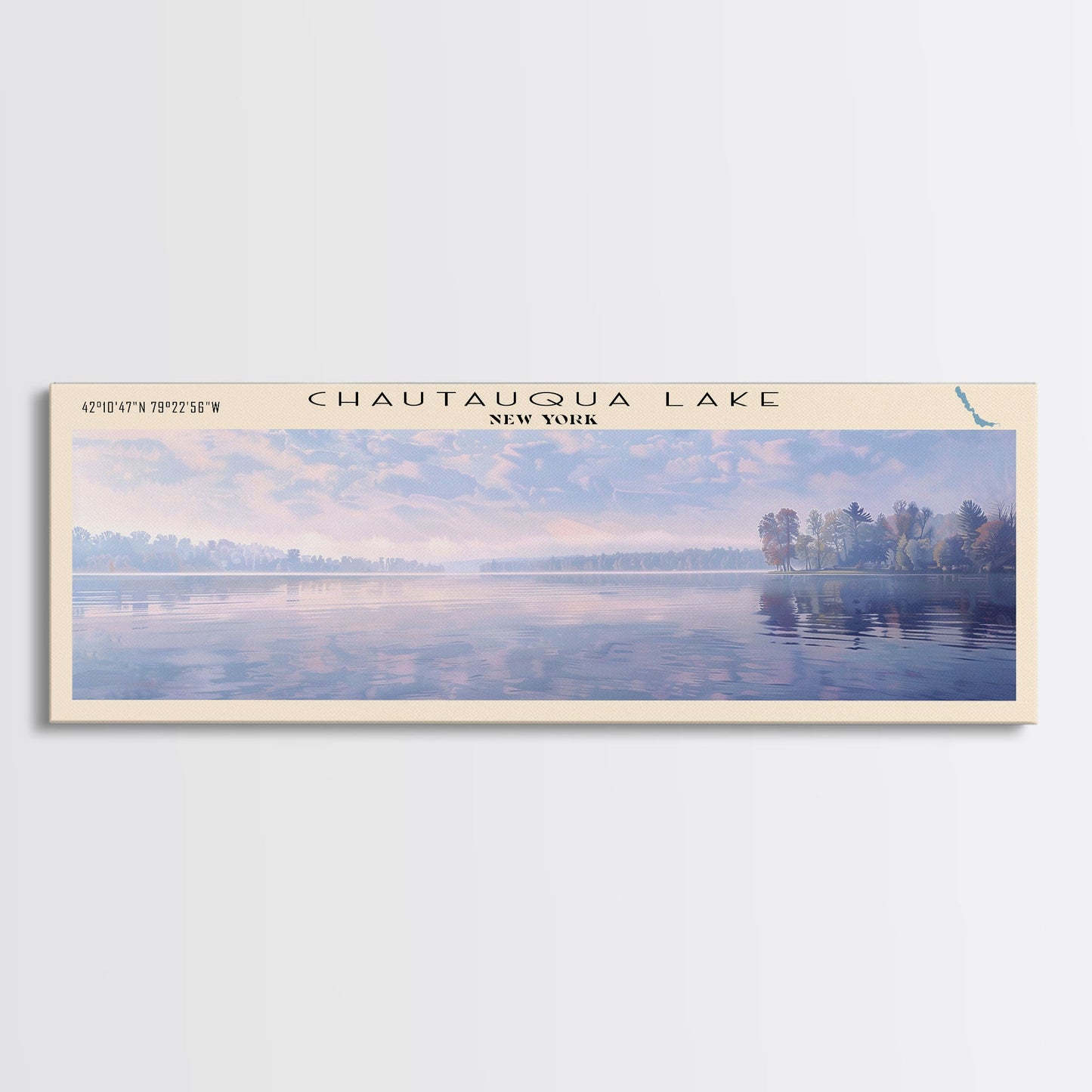 Chautauqua Lake New York Framed Canvas Print, Lake House Art, Panoramic Wide Wall Art, Travel Poster, Modern Lake Painting, Nature Art