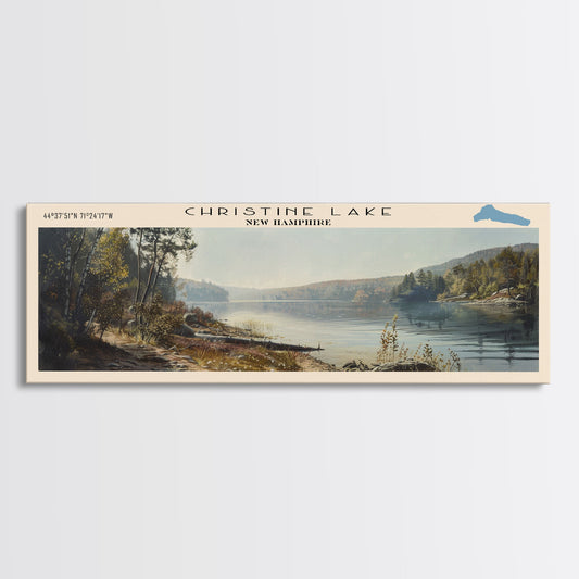 Christine Lake New Hampshire Framed Canvas Print, Lake House Art, Panoramic Wide Art, Travel Poster, Rustic Lake Painting, Home Decor