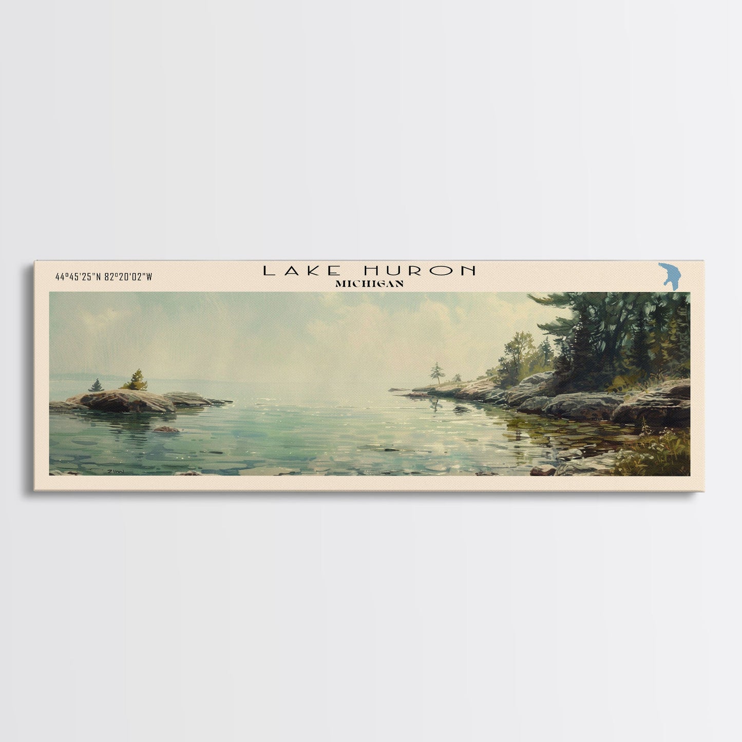 Lake Huron Framed Canvas Print, Lake House Decor, Panoramic Wall Art, Travel Poster, Serene Lake Painting, Home Art
