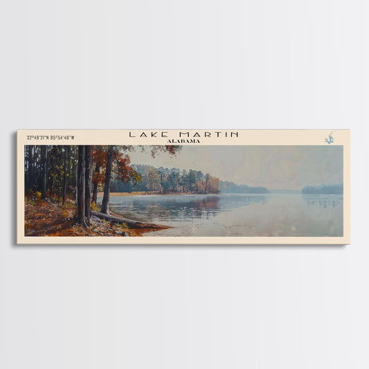 Lake Martin Alabama Framed Canvas Print, Lake House Decor, Panoramic Wall Art, Travel Poster, Scenic Lakeside Painting, Cottage Art