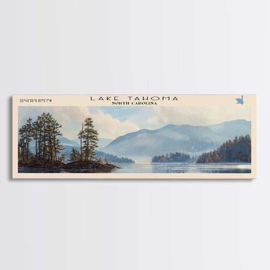 Lake Tahoma North Carolina Framed Canvas Print, Lake House Decor, Panoramic Wall Art, Travel Poster, Serene Landscape Painting, Rustic Art