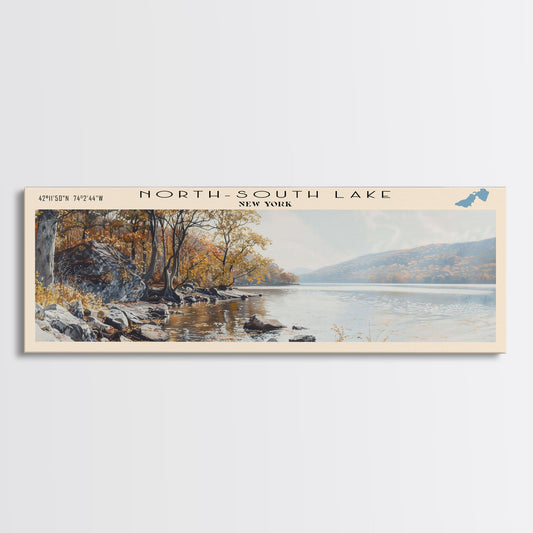 North South Lake New York Framed Canvas Print, Lake House Decor, Panoramic Wall Art, Travel Poster, Scenic Landscape Painting, Cottage Art