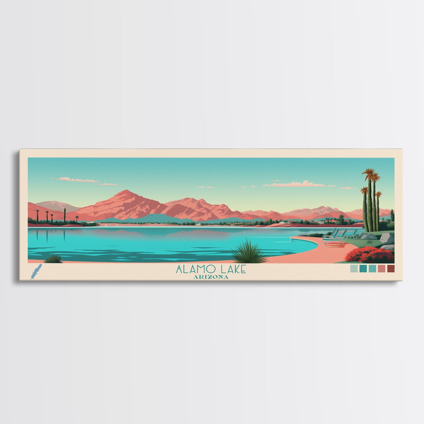 Gerahmter Leinwanddruck „Alamo Lake Arizona“, Panorama-Reiseposter, Wandkunst im Midcentury-Modern-Stil, Pop-Art, Landschaftsbild fürs Schlafzimmer